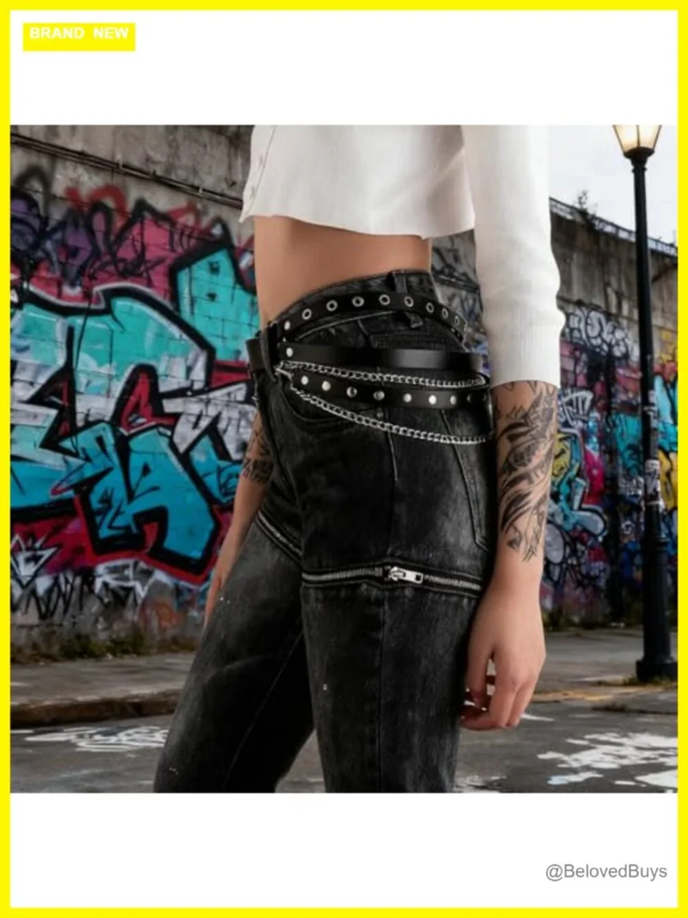 Punk Goth PU Leather Layered Waist Belt with Chains Adjustable Grunge Emo Rave
